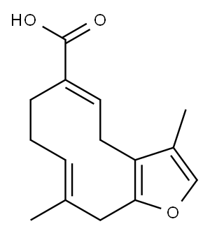 (5E,9E)-4,7,8,11-テトラヒドロ-3,10-ジメチルシクロデカ[b]フラン-6-カルボン酸 化学構造式