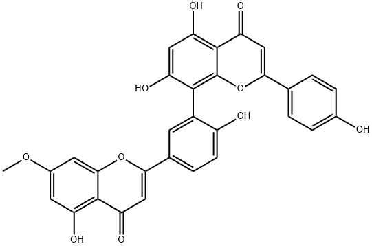 5,7-dihydroxy-8-[2-hydroxy-5-(5-hydroxy-7-methoxy-4-oxo-4H-1-benzopyran-2-yl)phenyl]-2-(4-hydroxyphenyl)-4-benzopyrone 结构式