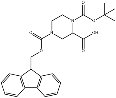 1-(TERT-ブトキシカルボニル)-4-[(9H-フルオレン-9-イルメトキシ)カルボニル]-2-ピペラジンカルボン酸 化学構造式