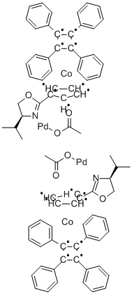 二-Μ-乙酸双[Η5-(S)-(PR)-2-(2′-(4′-甲基乙基)唑啉基)环戊二烯基,1-C,3′-N)(Η4-四苯基环丁二烯)钴]二钯, 222400-03-5, 结构式