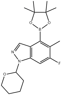 1H-Indazole, 6-fluoro-5-methyl-1-(tetrahydro-2H-pyran-2-yl)-4-(4,4,5,5-tetramethyl-1,3,2-dioxaborolan-2-yl)- Structure