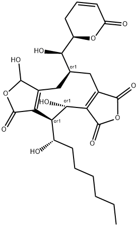10-[(3,6-ジヒドロ-6-オキソ-2H-ピラン-2-イル)ヒドロキシメチル]-4,5,8,9,10,11-ヘキサヒドロ-4,8-ジヒドロキシ-5-(1-ヒドロキシヘプチル)-1H-シクロノナ[1,2-c:5,6-c']ジフラン-1,3,6-トリオン 化学構造式