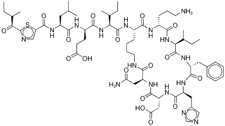 N2-[N-[[2-[(S)-2-メチルブタノイル]チアゾール-4-イル]カルボニル]-L-Leu-D-Glu-L-Ile-]シクロ(L-Lys-D-Orn-L-Ile-D-Phe-L-His-D-Asp-L-Asn-) 化学構造式
