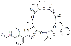N-(15-Benzyl-10-sec-butyl-3-isopropyl-7,13,13-trimethyl-2,5,9,12,14-pentaoxo-1,4,8,11-tetraoxacyclopentadeca-6-yl)-3-formylamino-2-methoxybenzamide Structure