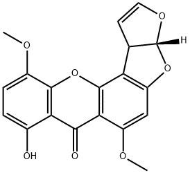 (3aR)-3aβ,12cβ-ジヒドロ-8-ヒドロキシ-6,11-ジメトキシ-7H-フロ[3',2':4,5]フロ[2,3-c]キサンテン-7-オン 化学構造式