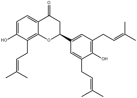 [S,(-)]-2,3-Dihydro-7-hydroxy-2-[4-hydroxy-3,5-bis(3-methyl-2-butenyl)phenyl]-8-(3-methyl-2-butenyl)-4H-1-benzopyran-4-one Struktur