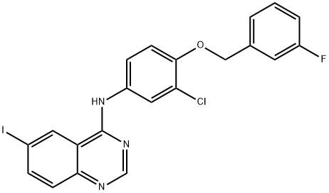 4-[3-クロロ-4-(3-フルオロベンジルオキシ)フェニルアミノ]-6-ヨードキナゾリン 化学構造式