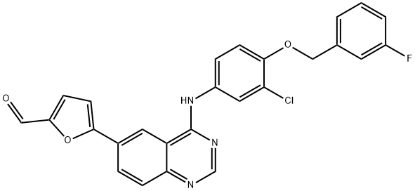 5-[4-[3-クロロ-4-(3-フルオロベンジルオキシ)アニリノ]-6-キナゾリニル]フラン-2-カルボキシアルデヒド 化学構造式