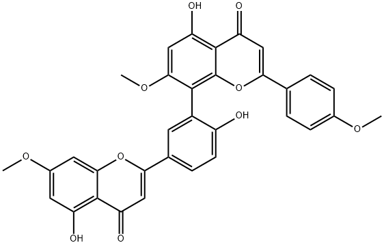 5-ヒドロキシ-8-[2-ヒドロキシ-5-(5-ヒドロキシ-7-メトキシ-4-オキソ-4H-1-ベンゾピラン-2-イル)フェニル]-7-メトキシ-2-(4-メトキシフェニル)-4H-1-ベンゾピラン-4-オン 化学構造式
