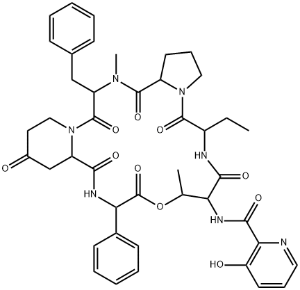 N-[(3-ヒドロキシ-2-ピリジル)カルボニル]シクロ[L-Thr*-D-Abu-L-Pro-N-メチル-L-Phe-4-オキソ-L-Pip-L-フェニルGly-] 化学構造式