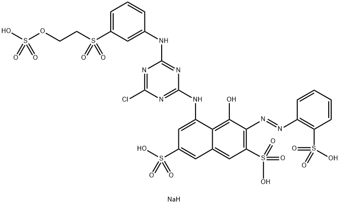 5-［4-クロロ-6-［m-｛2-（ヒドロキシスルホニルオキシ）エチルスルホニル｝アニリノ］-1，3，5-トリアジン-2-イルアミノ］-4-ヒドロキシ-3-（o-スルホフエニルアゾ）-2，7-ナフタレンジスルホン酸の四ナトリウム塩 化学構造式