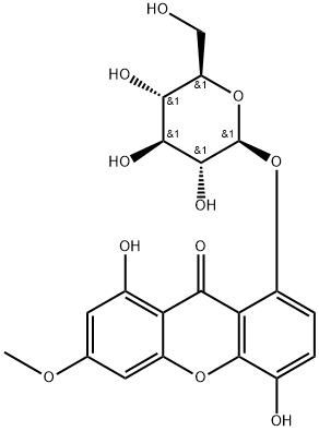 8-(β-D-グルコピラノシルオキシ)-1,5-ジヒドロキシ-3-メトキシ-9H-キサンテン-9-オン 化学構造式