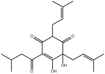 4-(1-オキソ-3-メチルブチル)-5,6-ジヒドロキシ-2,6-ビス(3-メチル-2-ブテニル)-4-シクロヘキセン-1,3-ジオン 化学構造式