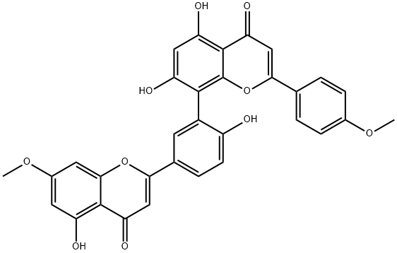 2-(4-メトキシフェニル)-5,7-ジヒドロキシ-8-[2-ヒドロキシ-5-(4-オキソ-5-ヒドロキシ-7-メトキシ-4H-1-ベンゾピラン-2-イル)フェニル]-4H-1-ベンゾピラン-4-オン 化学構造式