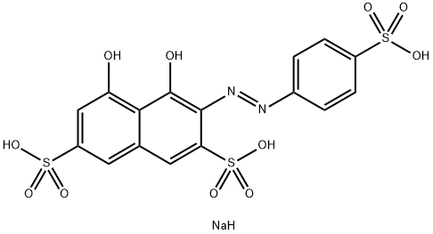 2-(4-スルホフェニルアゾ)-1,8-ジヒドロキシナフタレン-3,6-ジスルホン酸三ナトリウム水和物 化学構造式