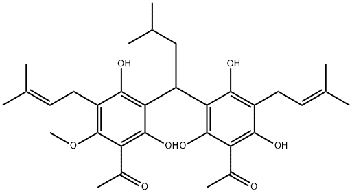 1-[3-[1-[3-アセチル-2,6-ジヒドロキシ-4-メトキシ-5-(3-メチル-2-ブテニル)フェニル]-3-メチルブチル]-2,4,6-トリヒドロキシ-5-(3-メチル-2-ブテニル)フェニル]エタノン 化学構造式