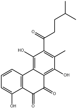 1,4,8-トリヒドロキシ-2-メチル-3-(4-メチルバレリル)-9,10-フェナントレンキノン 化学構造式