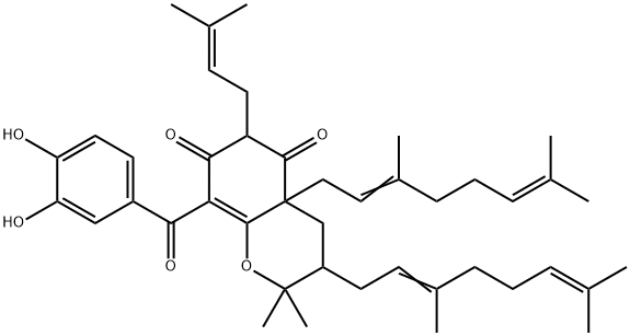 8-(3,4-Dihydroxybenzoyl)-3,4a-bis(3,7-dimethyl-2,6-octadienyl)-4,4a-dihydro-2,2-dimethyl-6-(3-methyl-2-butenyl)-2H-1-benzopyran-5,7(3H,6H)-dione Struktur
