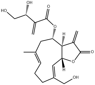 (3R)-3,4-ジヒドロキシ-2-メチレン酪酸(3aR,4S,6E,10Z,11aR)-2,3,3a,4,5,8,9,11a-オクタヒドロ-10-(ヒドロキシメチル)-6-メチル-3-メチレン-2-オキソシクロデカ[b]フラン-4-イル 化学構造式