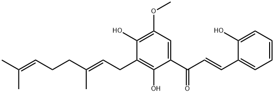 (E)-1-[3-[(E)-3,7-ジメチル-2,6-オクタジエニル]-2,4-ジヒドロキシ-5-メトキシフェニル]-3-(2-ヒドロキシフェニル)-2-プロペン-1-オン 化学構造式
