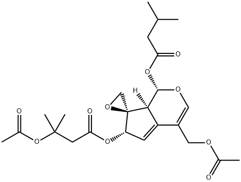 3-アセチルオキシ-3-メチル酪酸[(1S,7R)-4-(アセチルオキシ)メチル-6,7aα-ジヒドロ-1α-(3-メチル-1-オキソブトキシ)スピロ[シクロペンタ[c]ピラン-7(1H),2'-オキシラン]-6α-イル] 化学構造式