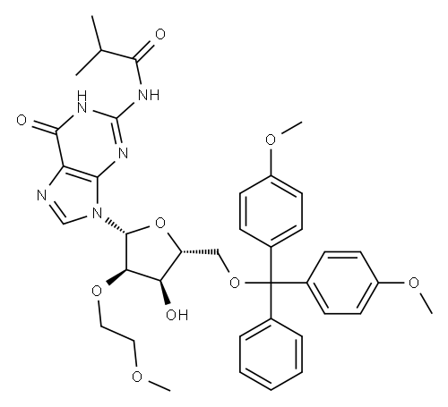 5'-O-[ビス(4-メトキシフェニル)フェニルメチル]-2'-O-(2-メトキシエチル)-N-(2-メチル-1-オキソプロピル)グアノシン 化学構造式