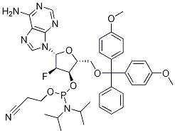 (2R,3R,4R,5R)-5-(6-氨基-9H-嘌呤-9-基)-2-((双(4-甲氧基苯基)(苯基)甲氧基)甲基)-4-氟四氢呋喃-3-(2-氰基乙基)二异丙基亚磷酰胺, 252770-65-3, 结构式