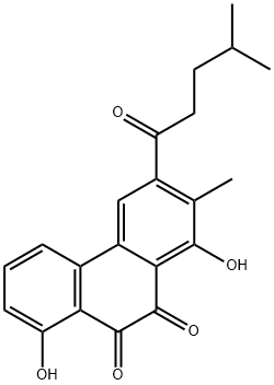 1,8-ジヒドロキシ-2-メチル-3-(4-メチル-1-オキソペンチル)-9,10-フェナントレンジオン 化学構造式