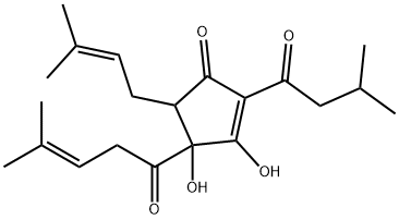 3,4-ジヒドロキシ-5-(3-メチル-2-ブテニル)-2-(3-メチル-1-オキソブチル)-4-(4-メチル-1-オキソ-3-ペンテニル)-2-シクロペンテン-1-オン 化学構造式