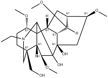 (16S)-20-エチル-4-(ヒドロキシメチル)-1α,6β,14α,16-テトラメトキシアコニタン-7,8-ジオール 化学構造式