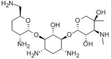 6-O-[3-デオキシ-4-メチル-3-(メチルアミノ)-β-L-アラビノピラノシル]-4-O-(2,6-ジアミノ-2,3,4,6-テトラデオキシ-α-D-erythro-ヘキソピラノシル)-2-デオキシ-D-ストレプタミン 化学構造式