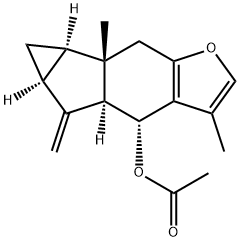 (4R)-4,4aα,5,5aα,6,6aα,6b,7-オクタヒドロ-3,6bβ-ジメチル-5-メチレンシクロプロパ[2,3]インデノ[5,6-b]フラン-4α-オールアセタート 化学構造式