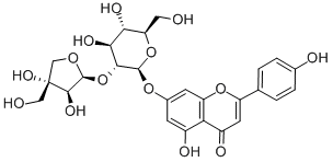 7-[(2-O-D-アピオ-β-D-フラノシル-β-D-グルコピラノシル)オキシ]-5-ヒドロキシ-2-(4-ヒドロキシフェニル)-4H-1-ベンゾピラン-4-オン 化学構造式