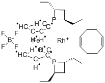 (+)-1,1'-BIS((2R,4R)-2,4-DIETHYLPHOSPHOTANO)FERROCENE(1,5-CYCLOOCTADIENE)RHODIUM (I) TETRAFLUOROBORATE Struktur
