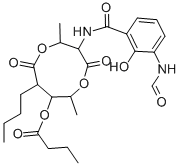 酪酸8-ブチル-3-[(3-ホルミルアミノ-2-ヒドロキシベンゾイル)アミノ]-2,6-ジメチル-4,9-ジオキソ-1,5-ジオキソナン-7-イル 化学構造式