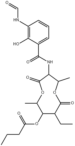 酪酸8-エチル-3-[[3-(ホルミルアミノ)-2-ヒドロキシベンゾイル]アミノ]-2,6-ジメチル-4,9-ジオキソ-1,5-ジオキソナン-7-イル 化学構造式
