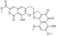 (S)-4',9,9'-トリオキソ-5',7'-ジメトキシ-8',10-ジヒドロキシ-4,4',9,9'-テトラヒドロスピロ[ベンゾ[1,2-b:5,4-c']ジピラン-2(3H),2'(3'H)-ナフト[2,3-b]フラン]-7-カルボン酸メチル 化学構造式