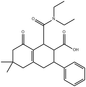 1-(ジエチルカルバモイル)-1,2,3,4,5,6,7,8-オクタヒドロ-6,6-ジメチル-8-オキソ-3-フェニル-2-ナフトエ酸 化学構造式