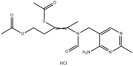 S-[3-acetoxy-1-[1-[[(4-amino-2-methyl-5-pyrimidyl)methyl]formamido]ethylidene]propyl] thioacetate monohydrochloride Struktur