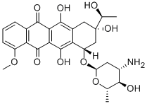 (8S)-7,8,9,10-テトラヒドロ-10α-[(3-アミノ-2,3,6-トリデオキシ-α-L-lyxo-ヘキソピラノシル)オキシ]-8-[(S)-1-ヒドロキシエチル]-1-メトキシ-6,8α,11-トリヒドロキシ-5,12-ナフタセンジオン 化学構造式