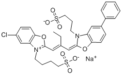 hydrogen 5-chloro-2[2-[[5-phenyl-3-(3-sulphonatobutyl)-3H-benzoxazol-2-ylidene]methyl]but-1-enyl]-3-(3-sulphonatopropyl)benzoxazolium, sodium salt Structure