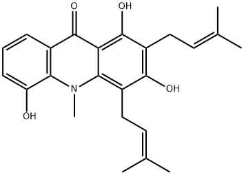 1,3,5-Trihydroxy-2,4-bis(3-methyl-2-butenyl)-9(10H)-acridinone Structure