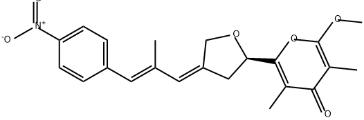 2-[(2R)-4-[(1Z,2E)-2-メチル-3-(4-ニトロフェニル)-2-プロペニリデン]テトラヒドロフラン-2-イル]-3,5-ジメチル-6-メトキシ-4H-ピラン-4-オン 化学構造式
