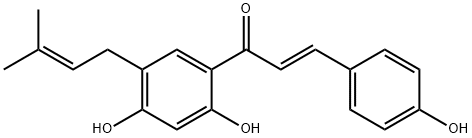 (E)-1-[2,4-ジヒドロキシ-5-(3-メチル-2-ブテニル)フェニル]-3-(4-ヒドロキシフェニル)-2-プロペン-1-オン 化学構造式