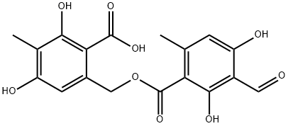 3-ホルミル-2,4-ジヒドロキシ-6-メチル安息香酸(2-カルボキシ-3,5-ジヒドロキシ-4-メチルフェニル)メチル 化学構造式
