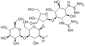 4-O-[2-O-[4-O-(β-D-マンノピラノシル)-2-(メチルアミノ)-2-デオキシ-α-L-グルコピラノシル]-3-C-ホルミル-α-L-リキソフラノシル]-N,N'-ビス[アミノ(イミノ)メチル]ストレプタミン 化学構造式