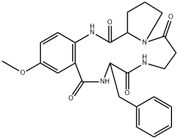1,2,3,5,6,7,8,9,10,11,12,17,18,18a-Tetradecahydro-10-benzyl-14-methoxypyrrolo[1,2-a][1,4,8,11]benzotetraazacyclotetradecine-5,9,12,18-tetrone Structure
