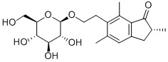 (R)-6-[2-(β-D-グルコピラノシルオキシ)エチル]-2,5,7-トリメチル-1-インダノン 化学構造式