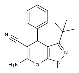 6-amino-3-tert-butyl-4-phenyl-1,4-dihydropyrano[2,3-c]pyrazole-5-carbonitrile Structure