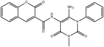 2H-1-Benzopyran-3-carboxamide,  N-(6-amino-1,2,3,4-tetrahydro-3-methyl-2,4-dioxo-1-phenyl-5-pyrimidinyl)-2-oxo- 化学構造式